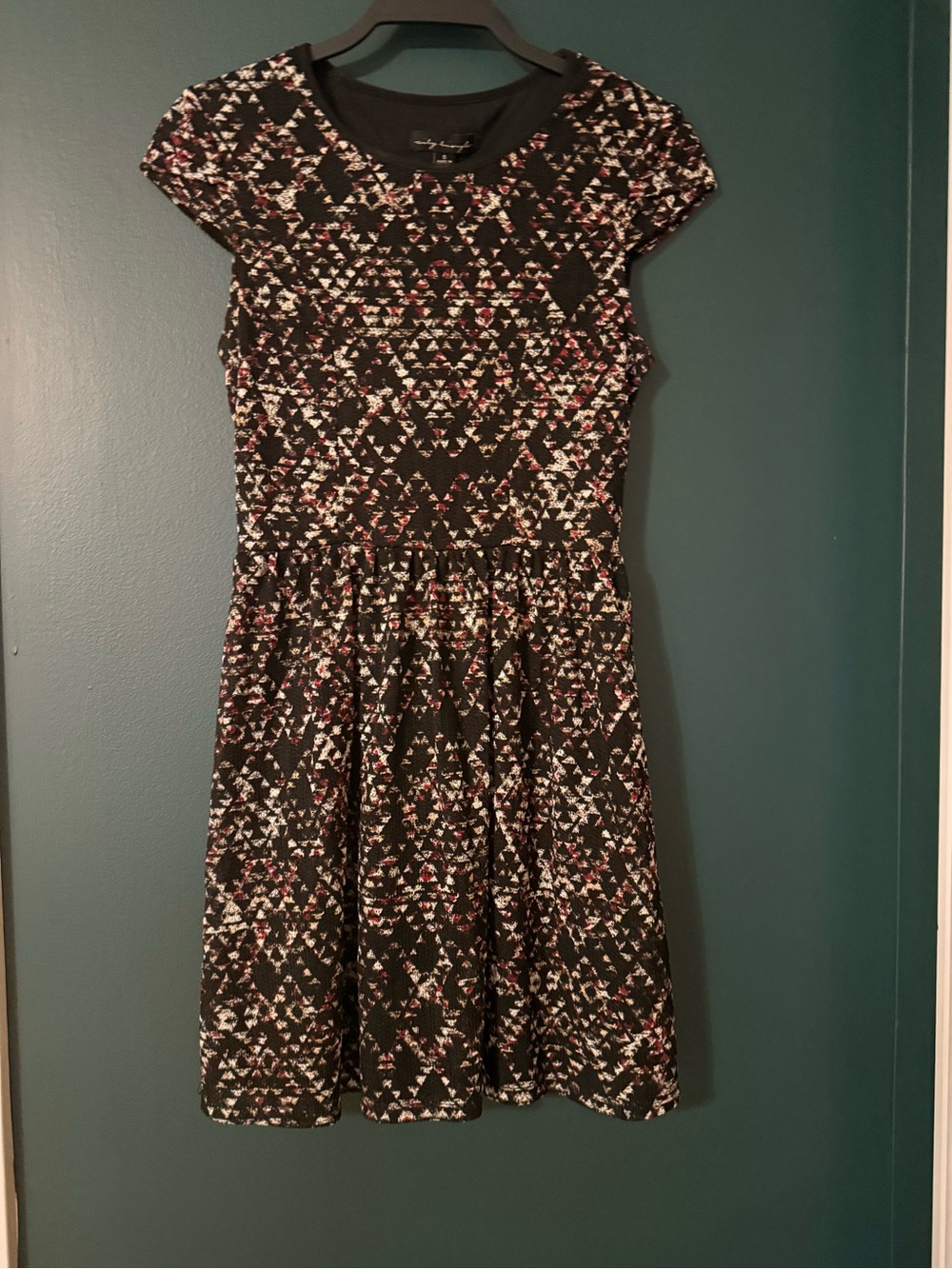 Black Patterned Fit & Flare Dress with Pink Accents